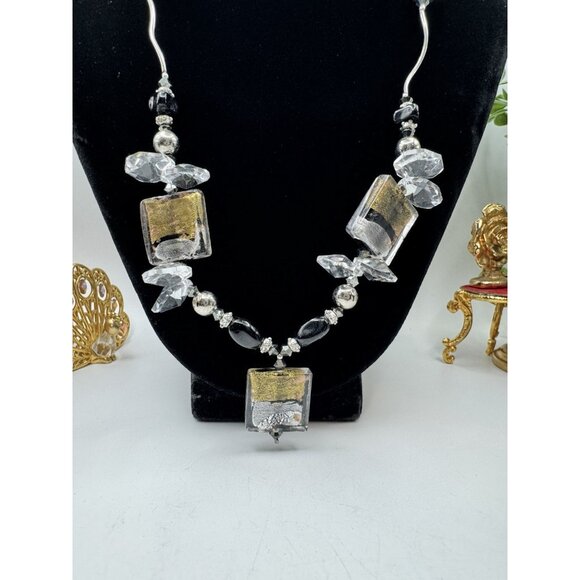 Black Silver Foil Art Glass Beaded Silver/Gold Tone And Crystal Necklace Vintage - Picture 3 of 9